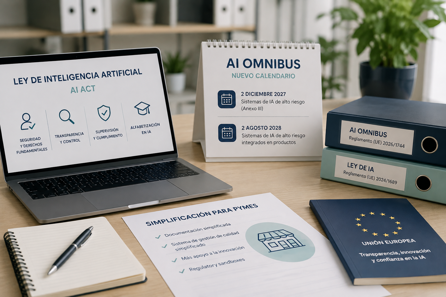 Mesa de oficina con portátil, calendario del AI Omnibus y documentación sobre la Ley de IA y su aplicación a PYMEs.