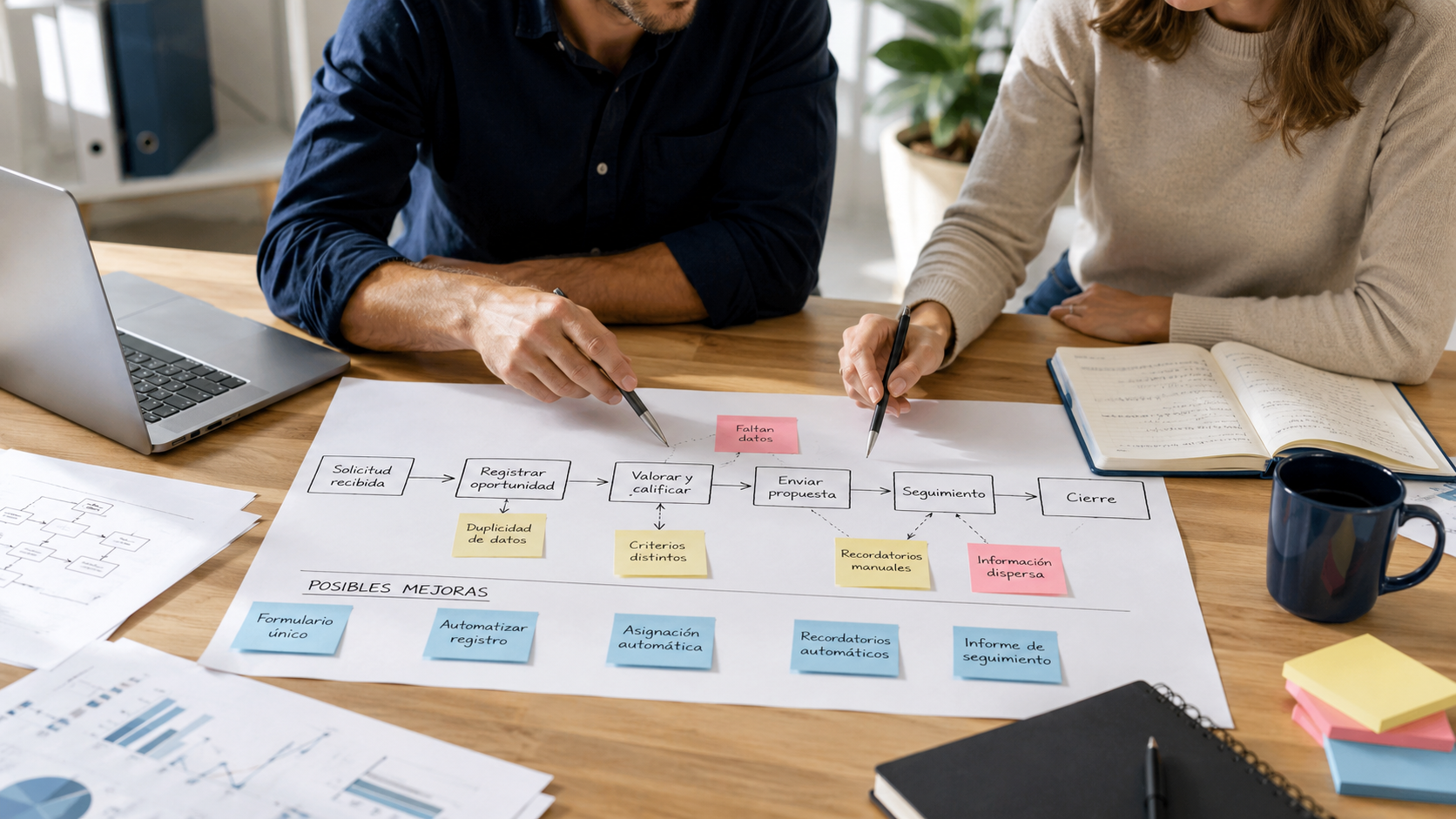 Dos profesionales revisan sobre una mesa un mapa de proceso, documentación y un portátil antes de decidir qué tareas automatizar.