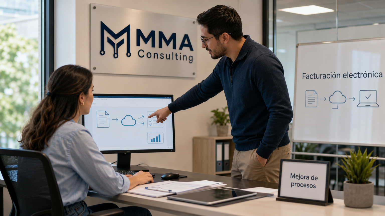 Fotografía editorial sobre la automatización de facturas en una pequeña empresa; rótulo «Mejora de procesos» en español y logotipo de MMA Consulting solo si encaja con naturalidad.