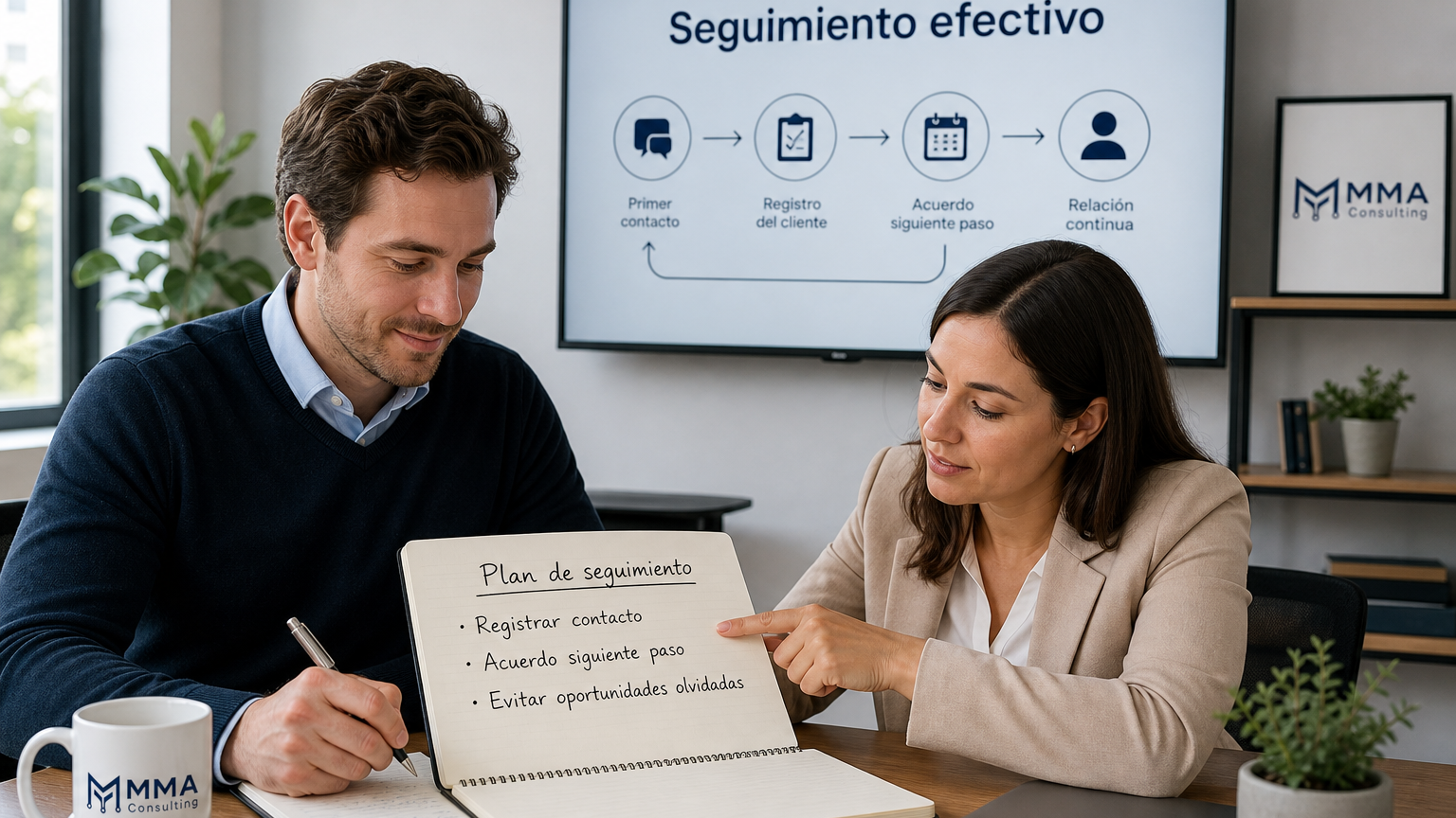 Dos profesionales revisan un plan de seguimiento de clientes en una libreta y acuerdan los próximos pasos en una oficina.